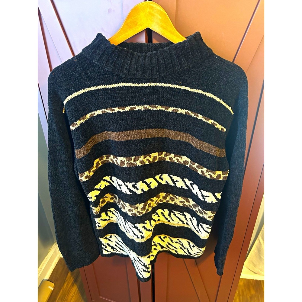 Erika & Co Women's Medium Black Patterned Knit Sweater Mock Neck Acrylic